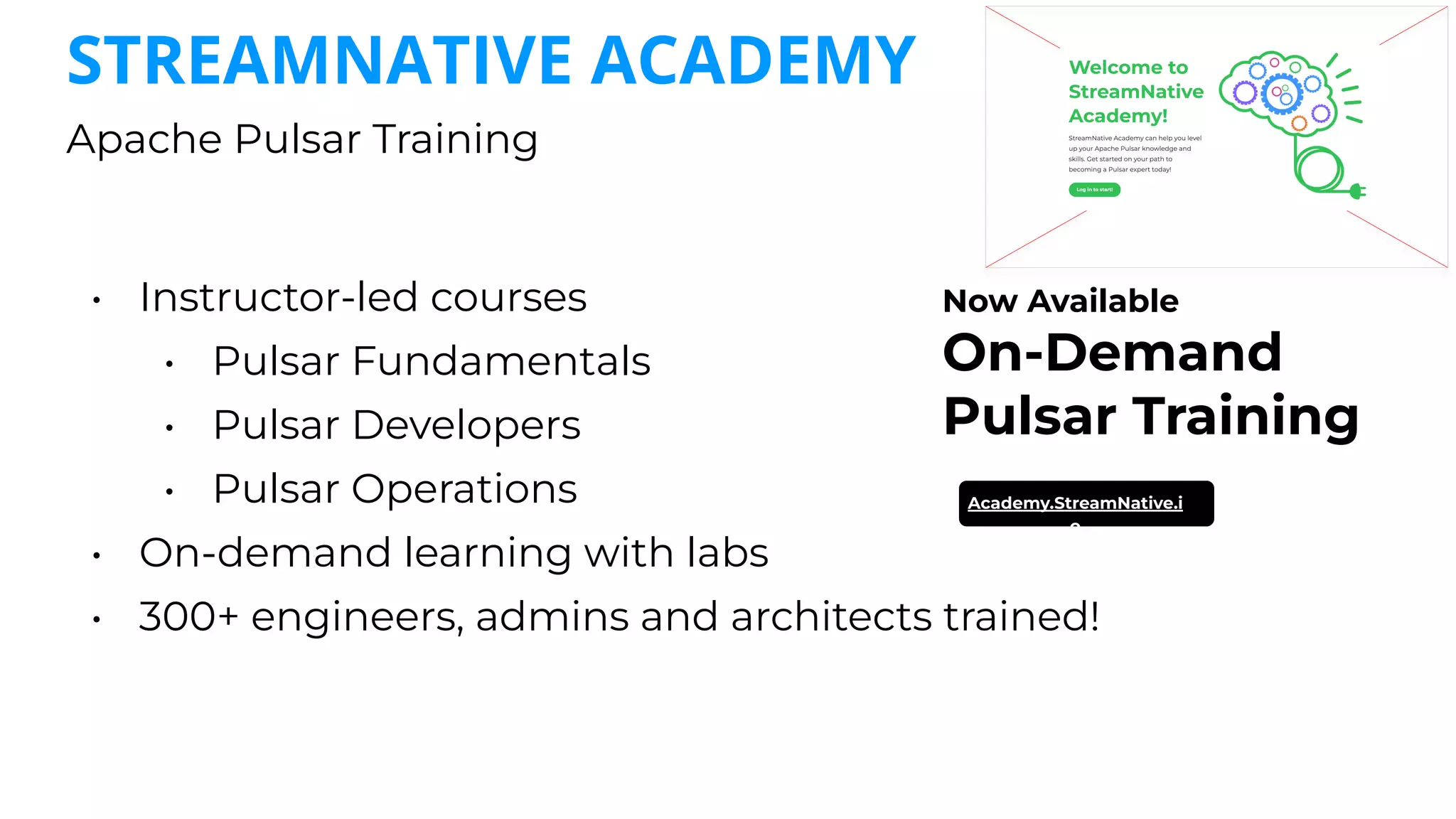 Apache Pulsar Training
• Instructor-led courses
• Pulsar Fundamentals
• Pulsar Developers
• Pulsar Operations
• On-demand learning with labs
• 300+ engineers, admins and architects trained!
STREAMNATIVE ACADEMY
Now Available
On-Demand
Pulsar Training
Academy.StreamNative.i
o
 