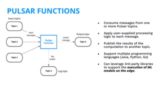 ● Consume messages from one
or more Pulsar topics.
● Apply user-supplied processing
logic to each message.
● Publish the results of the
computation to another topic.
● Support multiple programming
languages (Java, Python, Go)
● Can leverage 3rd-party libraries
to support the execution of ML
models on the edge.
PULSAR FUNCTIONS
 