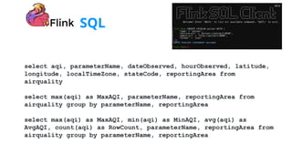 SQL
select aqi, parameterName, dateObserved, hourObserved, latitude,
longitude, localTimeZone, stateCode, reportingArea from
airquality
select max(aqi) as MaxAQI, parameterName, reportingArea from
airquality group by parameterName, reportingArea
select max(aqi) as MaxAQI, min(aqi) as MinAQI, avg(aqi) as
AvgAQI, count(aqi) as RowCount, parameterName, reportingArea from
airquality group by parameterName, reportingArea
 
