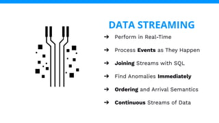 ➔ Perform in Real-Time
➔ Process Events as They Happen
➔ Joining Streams with SQL
➔ Find Anomalies Immediately
➔ Ordering and Arrival Semantics
➔ Continuous Streams of Data
DATA STREAMING
 