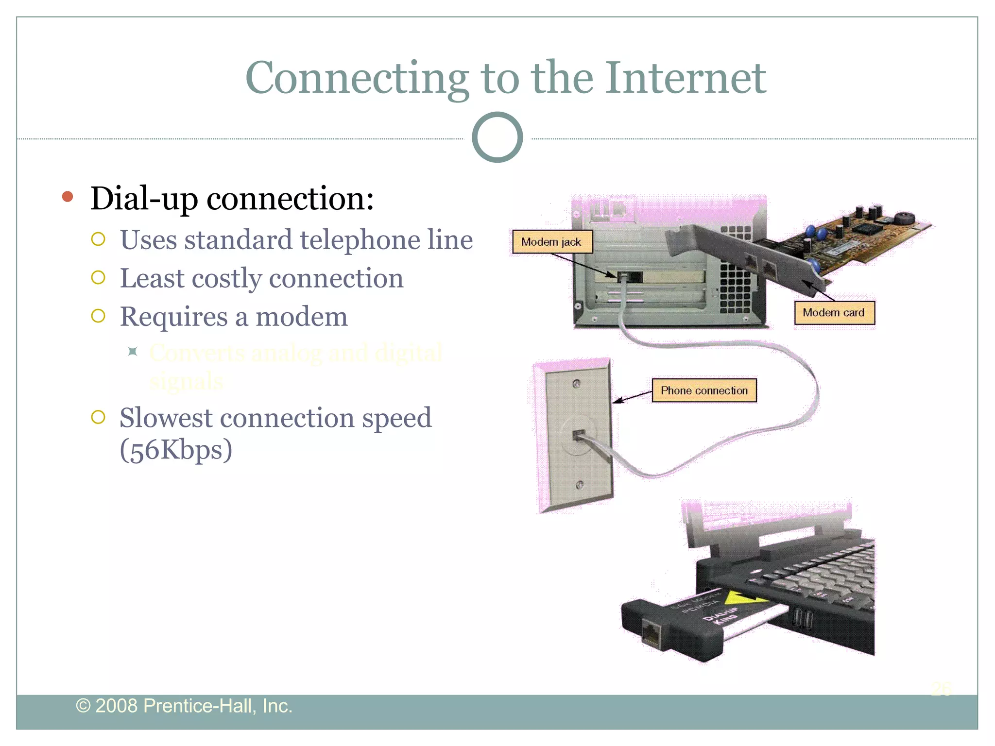 Connecting to the Internet Dial-up connection: Uses standard telephone line Least costly connection Requires a modem Converts analog and digital signals Slowest connection speed (56Kbps) 