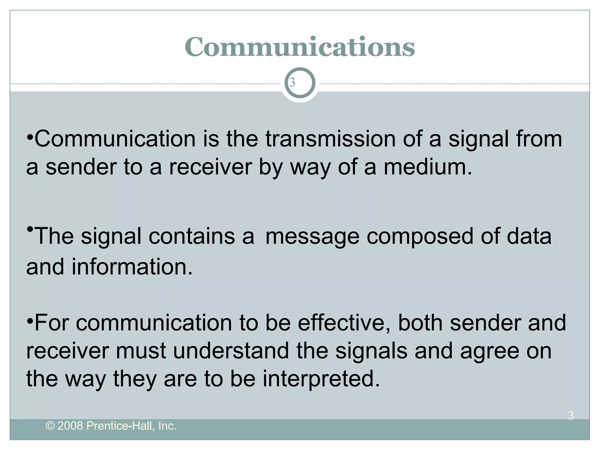 Communications Communication is the transmission of a signal from a sender to a receiver by way of a medium. The signal contains a   message composed of data and information.  For communication to be effective, both sender and receiver must understand the signals and agree on the way they are to be interpreted. 