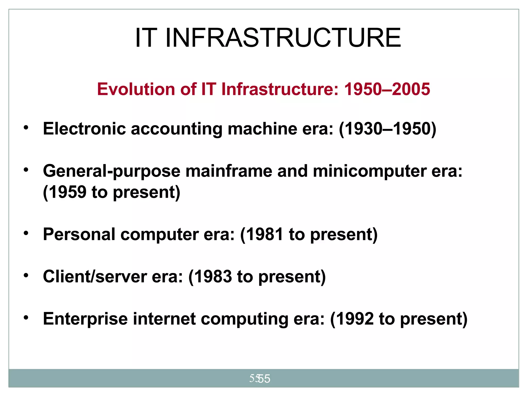 IT INFRASTRUCTURE Electronic accounting machine era: (1930–1950) General-purpose mainframe and minicomputer era: (1959 to present) Personal computer era: (1981 to present) Client/server era: (1983 to present) Enterprise internet computing era: (1992 to present)   Evolution of IT Infrastructure: 1950–2005 