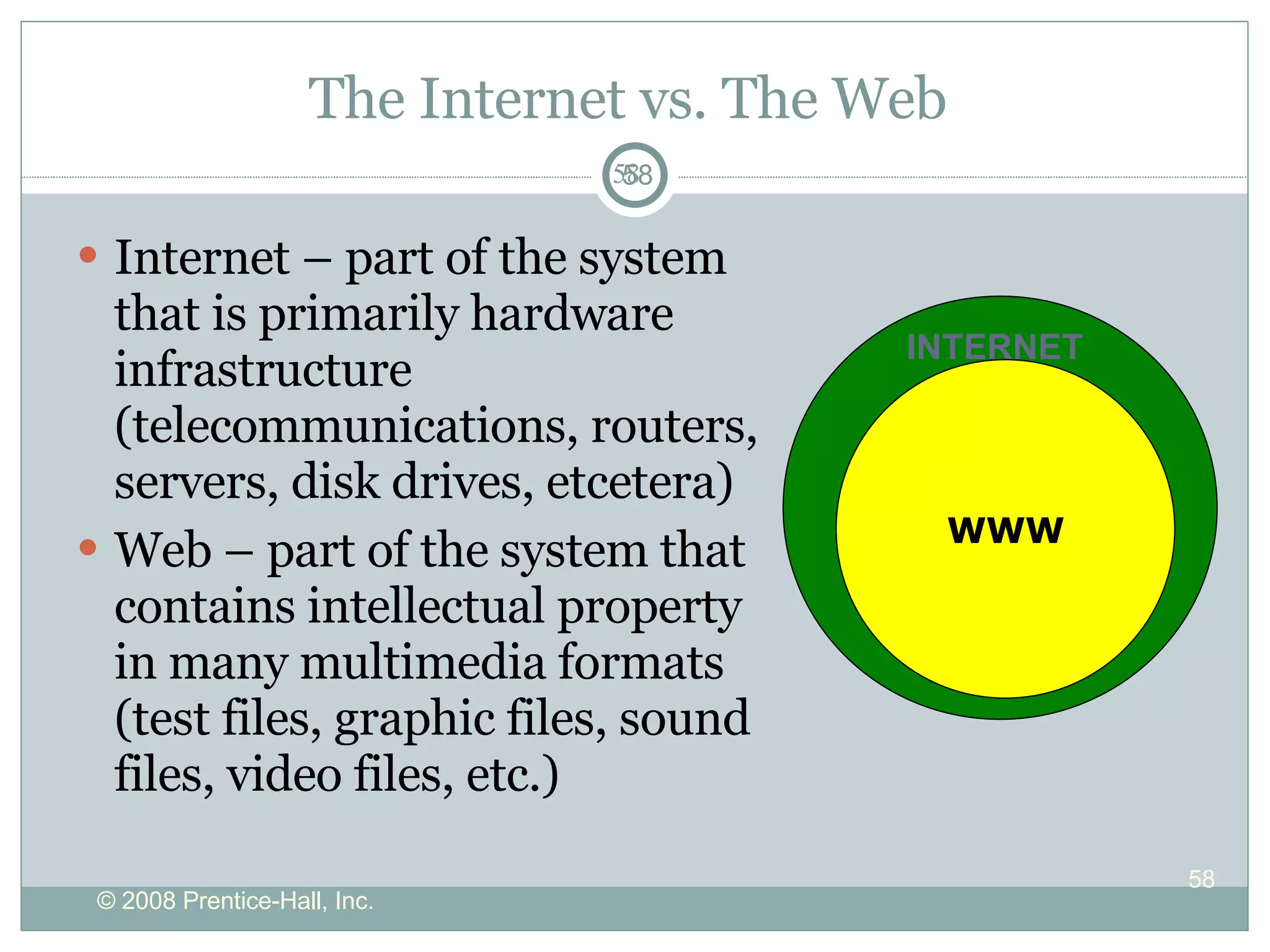 The Internet vs. The Web  Internet – part of the system that is primarily hardware infrastructure (telecommunications, routers, servers, disk drives, etcetera) Web – part of the system that contains intellectual property in many multimedia formats (test files, graphic files, sound files, video files, etc.) INTERNET WWW 