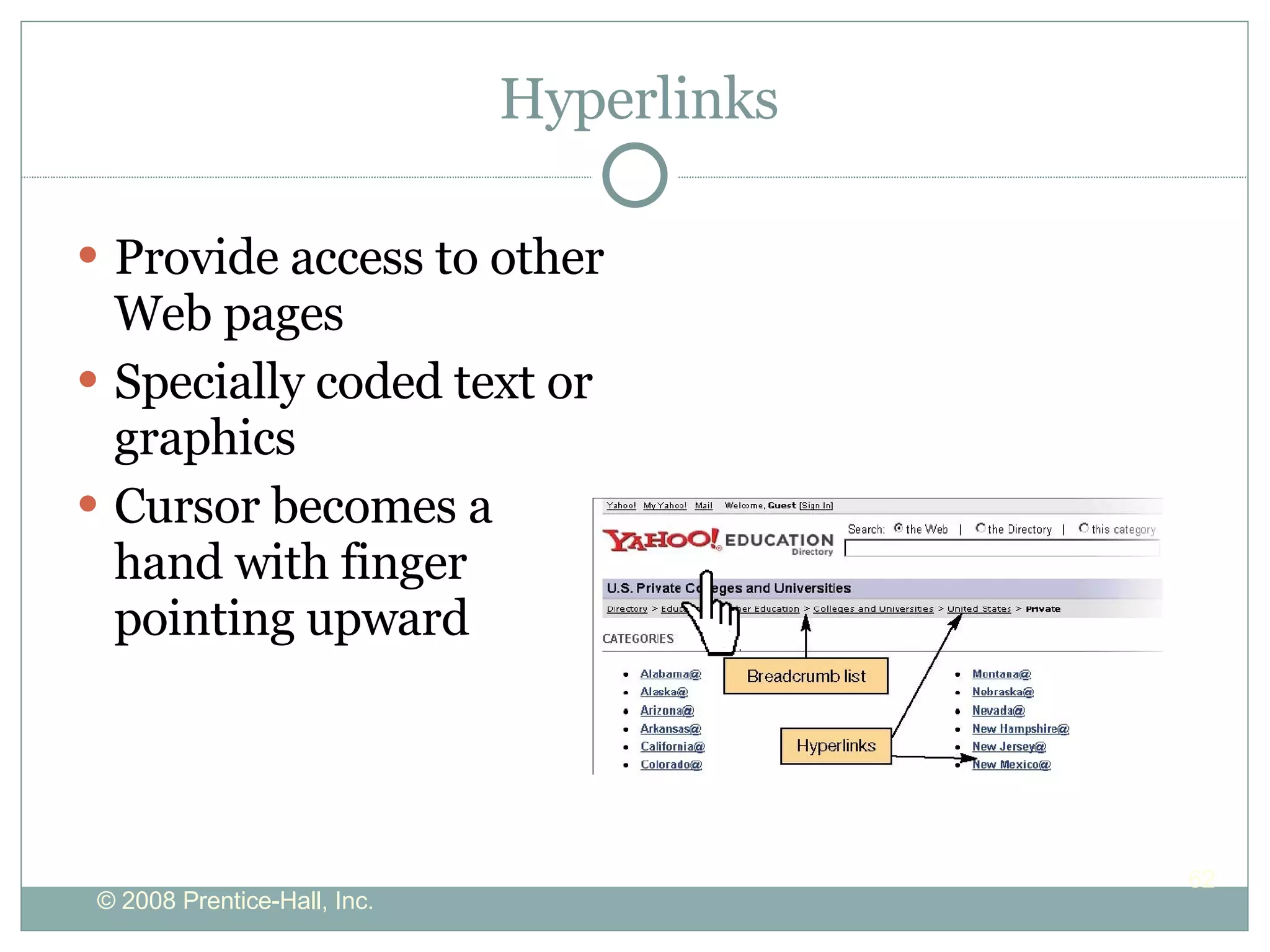 Hyperlinks  Provide access to other Web pages Specially coded text or graphics Cursor becomes a hand with finger pointing upward 