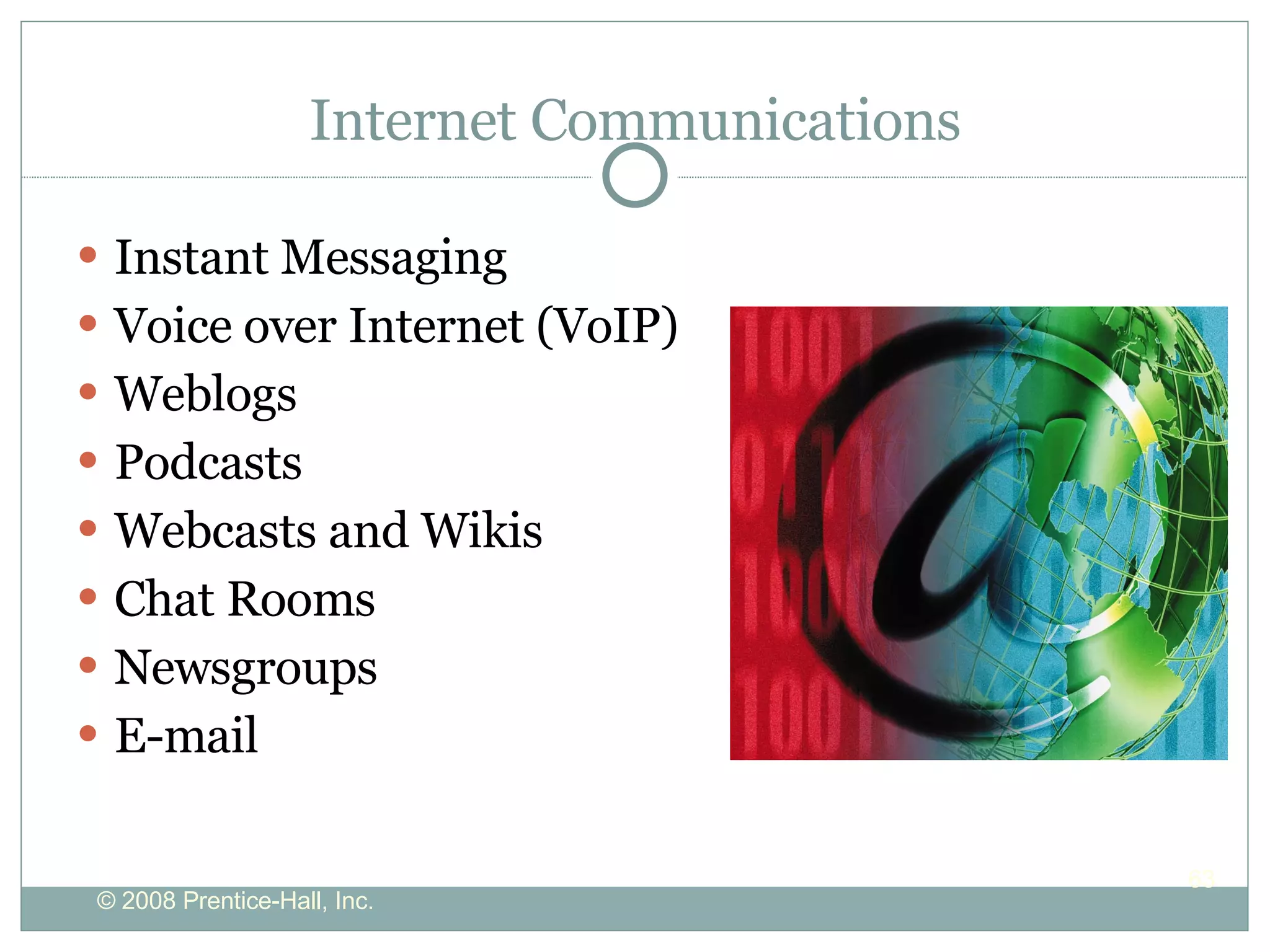 Internet Communications Instant Messaging Voice over Internet (VoIP) Weblogs Podcasts Webcasts and Wikis Chat Rooms Newsgroups E-mail 