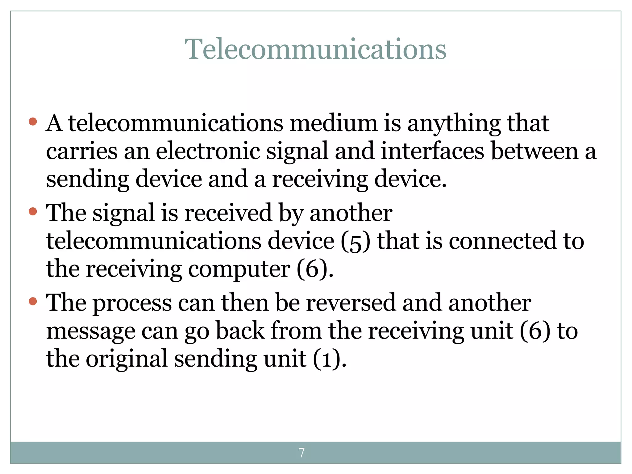 Telecommunications A telecommunications medium is anything that carries an electronic signal and interfaces between a sending device and a receiving device.  The signal is received by another telecommunications device (5) that is connected to the receiving computer (6).  The process can then be reversed and another message can go back from the receiving unit (6) to the original sending unit (1).   