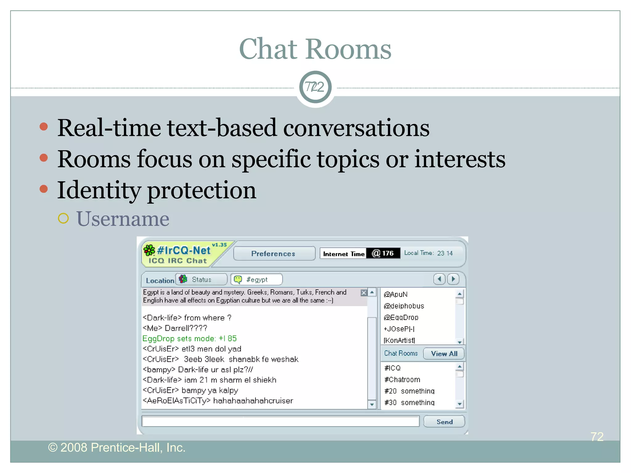 Chat Rooms Real-time text-based conversations Rooms focus on specific topics or interests Identity protection Username  