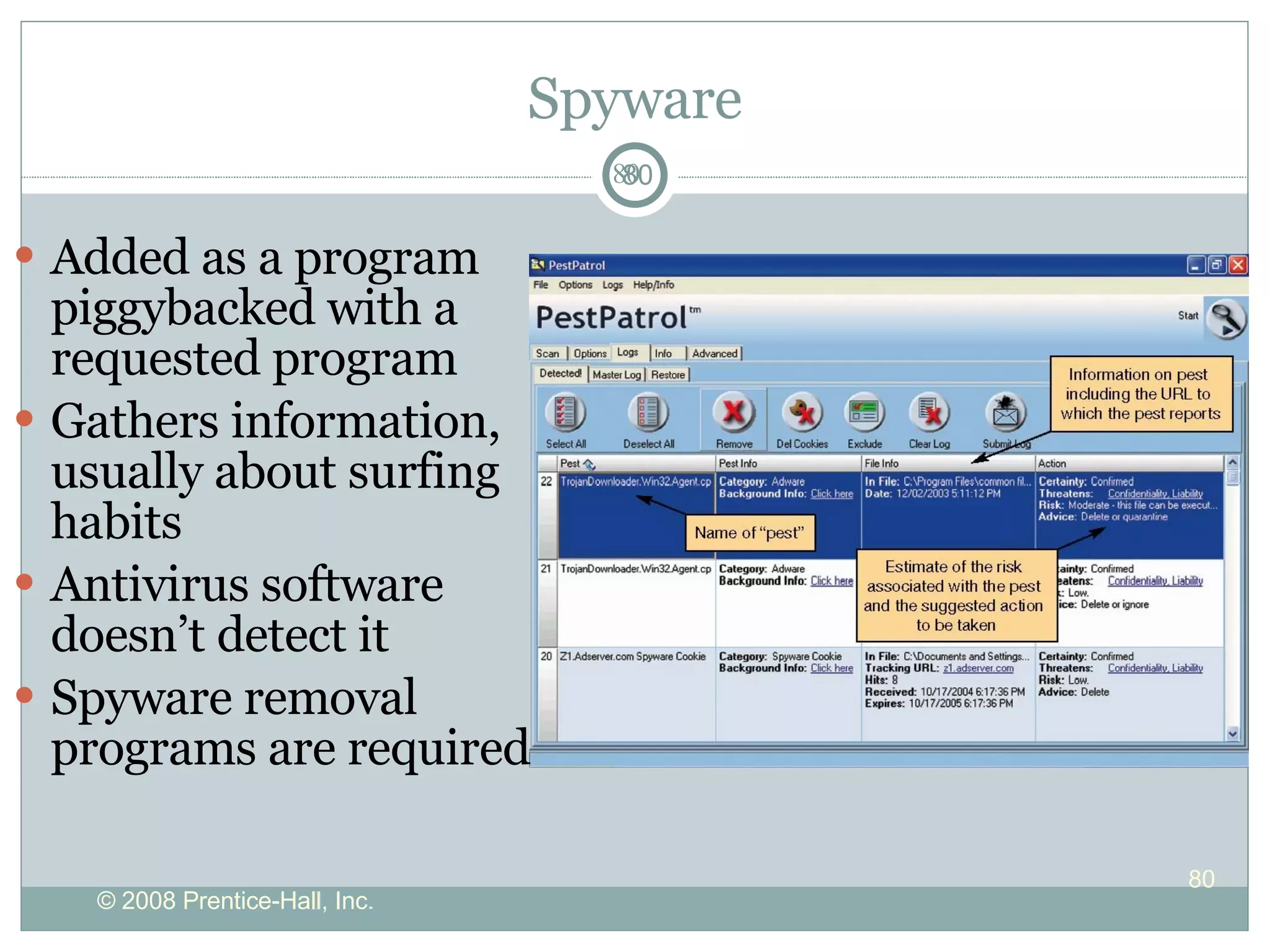 Spyware Added as a program piggybacked with a requested program Gathers information, usually about surfing habits Antivirus software doesn’t detect it Spyware removal programs are required 