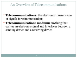 An Overview of Telecommunications Telecommunications:  the electronic transmission of signals for communications Telecommunications medium:  anything that carries an electronic signal and interfaces between a sending device and a receiving device 