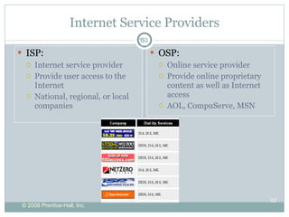 Internet Service Providers ISP: Internet service provider Provide user access to the Internet National, regional, or local companies OSP: Online service provider Provide online proprietary content as well as Internet access AOL, CompuServe, MSN 