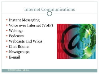 Internet Communications Instant Messaging Voice over Internet (VoIP) Weblogs Podcasts Webcasts and Wikis Chat Rooms Newsgroups E-mail 