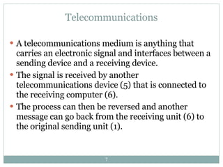 Telecommunications A telecommunications medium is anything that carries an electronic signal and interfaces between a sending device and a receiving device.  The signal is received by another telecommunications device (5) that is connected to the receiving computer (6).  The process can then be reversed and another message can go back from the receiving unit (6) to the original sending unit (1).   