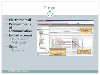 E-mail Electronic mail Primary means of communication E-mail accounts Client-based Web-based Spam  Prevention  