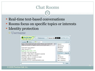Chat Rooms Real-time text-based conversations Rooms focus on specific topics or interests Identity protection Username  