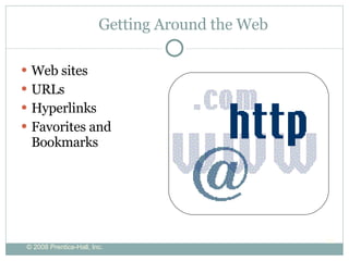 Getting Around the Web Web sites URLs Hyperlinks Favorites and Bookmarks 