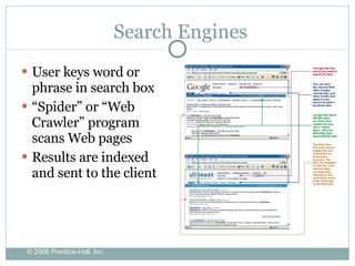 Search Engines User keys word or phrase in search box “ Spider” or “Web Crawler” program scans Web pages Results are indexed and sent to the client 