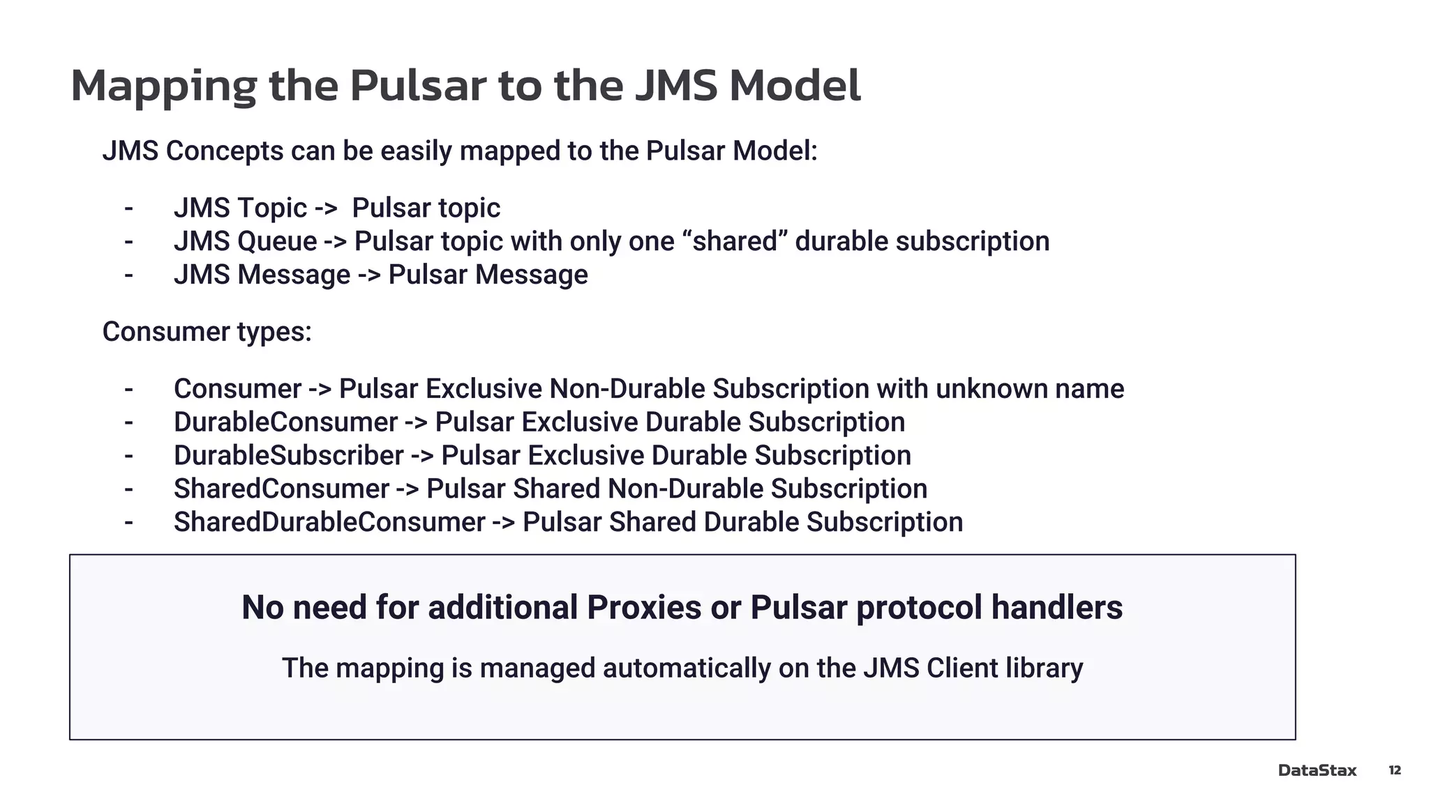 Mapping the Pulsar to the JMS Model
12
JMS Concepts can be easily mapped to the Pulsar Model:
- JMS Topic -> Pulsar topic
- JMS Queue -> Pulsar topic with only one “shared” durable subscription
- JMS Message -> Pulsar Message
Consumer types:
- Consumer -> Pulsar Exclusive Non-Durable Subscription with unknown name
- DurableConsumer -> Pulsar Exclusive Durable Subscription
- DurableSubscriber -> Pulsar Exclusive Durable Subscription
- SharedConsumer -> Pulsar Shared Non-Durable Subscription
- SharedDurableConsumer -> Pulsar Shared Durable Subscription
No need for additional Proxies or Pulsar protocol handlers
The mapping is managed automatically on the JMS Client library
 