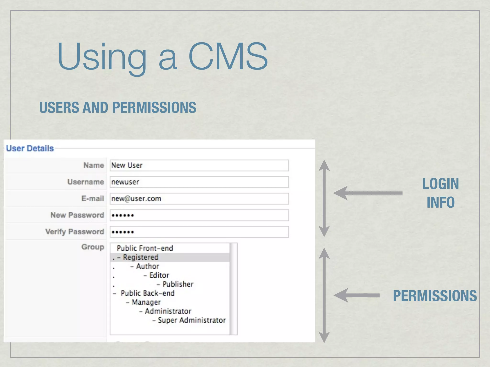 Using a CMS
USERS AND PERMISSIONS



                           LOGIN
                            INFO




                        PERMISSIONS
 