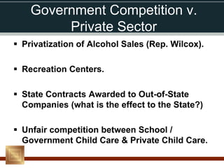 Government Competition v.
         Private Sector
 Privatization of Alcohol Sales (Rep. Wilcox).

 Recreation Centers.

 State Contracts Awarded to Out-of-State
  Companies (what is the effect to the State?)

 Unfair competition between School /
  Government Child Care & Private Child Care.
 