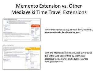 Memento Extension vs. Other
MediaWiki Time Travel Extensions
While these extensions just work for MediaWiki,
Memento works...