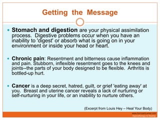 Getting  the  MessageStomach and digestionare your physical assimilation process.  Digestive problems occur when you have an inability to 'digest' or absorb what is going on in your environment or inside your head or heart.Chronic pain: Resentment and bitterness cause inflammation and pain. Stubborn, inflexible resentment goes to the knees and joints--the parts of your body designed to be flexible.  Arthritis is bottled-up hurt.        Canceris a deep secret, hatred, guilt, or grief 'eating away' at you.  Breast and uterine cancer reveals a lack of nurturing or self-nurturing in your life, or an inability to nurture others.(Excerpt from Louis Hey – Heal Your Body)