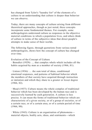 has changed from Tylor's "laundry list" of the elements of a
culture to an understanding that culture is deeper than behavior
we can observe.
Today, there are many concepts of culture arising from different
theoretical approaches, though as just noted, these concepts
incorporate some fundamental themes. For example, some
anthropologists understand culture as responses to the objective
material conditions in which a population lives, and others think
of culture in terms of the subjective ideas that direct people's
attempts to make sense of their worlds.
The following figure, through quotations from various noted
anthropologists, shows how the concept of culture has changed
over time.
Evolution of the Concept of Culture
· Benedict (1929): … that complex whole which includes all the
habits acquired by man as a member of society (1966, 81).
· Linton (1936): … the sum total of ideas, conditioned
emotional responses, and patterns of habitual behavior which
the members of that society have acquired through instruction
or imitation and which they share to a greater or lesser degree
(1966, 82).
· Mead (1937): Culture means the whole complex of traditional
behavior which has been developed by the human race and is
successively learned by each generation. A culture is less
precise. It can mean the forms of traditional behavior which are
characteristic of a given society, or of a group of societies, or of
a certain race, or of a certain area, or of a certain period of time
(1966, 90).
· White (1943): Culture is an organization of phenomena—
material objects, bodily acts, ideas, and sentiments—which
 