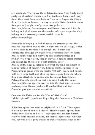 are hominids. They make these determinations from finely tuned
analyses of skeletal remains such as teeth and bones, and many
times they must draw conclusions from mere fragments. Given
these limitations, however, many currently divide hominids into
four genera (the plural of genus): Ardipithecus,
Australopithecus, Paranthropus, and Homo. Just which fossils
belong to Ardipithecus and the number of separate species they
belong to are extremely controversial issues in
paleoanthropology.
Hominids belonging to Ardipithecus are extremely ape-like
because they lived around six–to eight million years ago, which
is very close to the time it is thought that human and
chimpanzee lineages diverged from a common ancestor. Early
Australopithecines had many ape-like characteristics and
primarily ate vegetation, though they also hunted small animals
and scavenged the kills of other animals. Later
Australopithecines developed powerful chewing equipment to
take advantage of harder, very fibrous plants. Species in the
Paranthropus genus were especially "robust" (heavy and thick),
with very large teeth and chewing muscles and bones to which
they were attached, large-featured faces, and large bodies.
Paleoanthropologists think that it is most likely that some
Australopithecine species evolved into the first species in our
modern genus, Homo (perhaps Homo habilis), and that
Paranthropus species became extinct.
Compare the Evidence for the "Out of Africa" and
"Multiregional" Hypotheses Regarding the Evolution of Modern
Humans
Scientists agree that humans originated in Africa. They agree
that an advanced hominid species, Homo erectus, spread from
Africa into Europe and Asia. They agree that modern humans
evolved from archaic humans, but they disagree about whether
one, several, or all populations of archaic humans, such as the
 