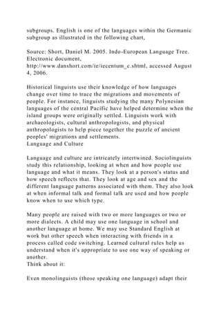 subgroups. English is one of the languages within the Germanic
subgroup as illustrated in the following chart,
Source: Short, Daniel M. 2005. Indo-European Language Tree.
Electronic document,
http://www.danshort.com/ie/iecentum_c.shtml, accessed August
4, 2006.
Historical linguists use their knowledge of how languages
change over time to trace the migrations and movements of
people. For instance, linguists studying the many Polynesian
languages of the central Pacific have helped determine when the
island groups were originally settled. Linguists work with
archaeologists, cultural anthropologists, and physical
anthropologists to help piece together the puzzle of ancient
peoples' migrations and settlements.
Language and Culture
Language and culture are intricately intertwined. Sociolinguists
study this relationship, looking at when and how people use
language and what it means. They look at a person's status and
how speech reflects that. They look at age and sex and the
different language patterns associated with them. They also look
at when informal talk and formal talk are used and how people
know when to use which type.
Many people are raised with two or more languages or two or
more dialects. A child may use one language in school and
another language at home. We may use Standard English at
work but other speech when interacting with friends in a
process called code switching. Learned cultural rules help us
understand when it's appropriate to use one way of speaking or
another.
Think about it:
Even monolinguists (those speaking one language) adapt their
 