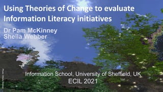 Using Theories of Change to evaluate
Information Literacy initiatives
Information School, University of Sheffield, UK
ECIL 2021
Dr Pam McKinney
Sheila Webber
Photo:
Sheila
Webber
 