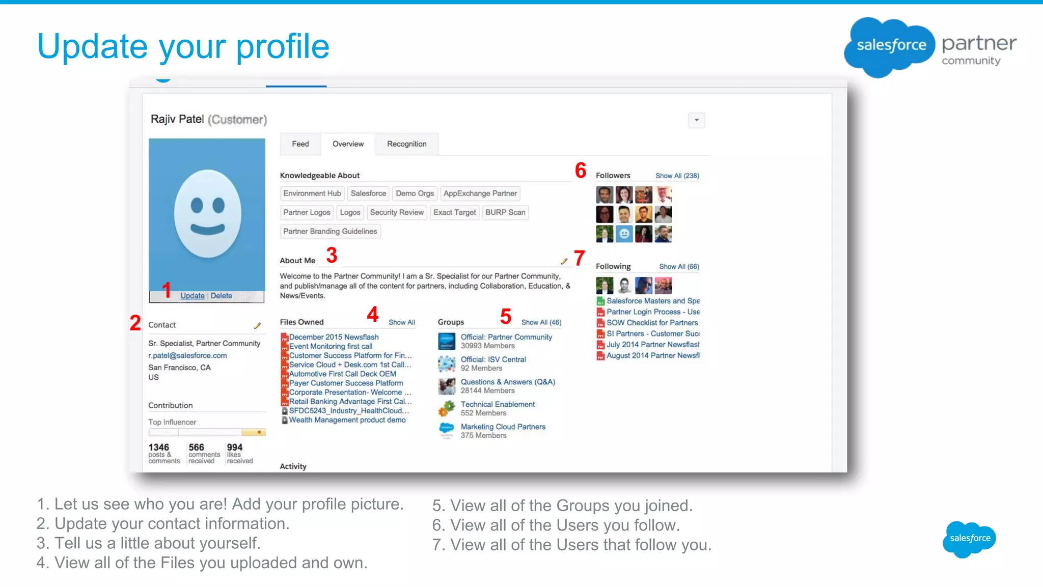 Update your profile
1. Let us see who you are! Add your profile picture.
2. Update your contact information.
3. Tell us a little about yourself.
4. View all of the Files you uploaded and own.
1
2
3
4
6
7
5
5. View all of the Groups you joined.
6. View all of the Users you follow.
7. View all of the Users that follow you.
 