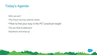 Today’s Agenda
•Who we are?
•The Cloud Journey webinar series
•"How to find your way in the PC" practical insight
•The per Role Enablement
•Questions and wrap-up
​
 