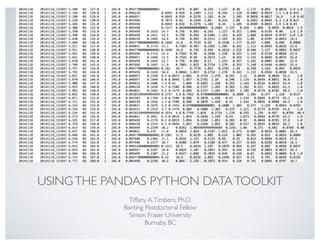 USINGTHE PANDAS PYTHON DATATOOLKIT
Tiffany A.Timbers, Ph.D.
Banting Postdoctoral Fellow
Simon Fraser University
Burnaby, BC
 