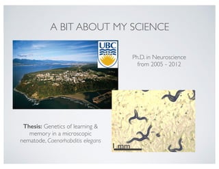A BIT ABOUT MY SCIENCE
Ph.D. in Neuroscience
from 2005 - 2012
1 mm
Thesis: Genetics of learning &
memory in a microscopic
nematode, Caenorhabditis elegans
 