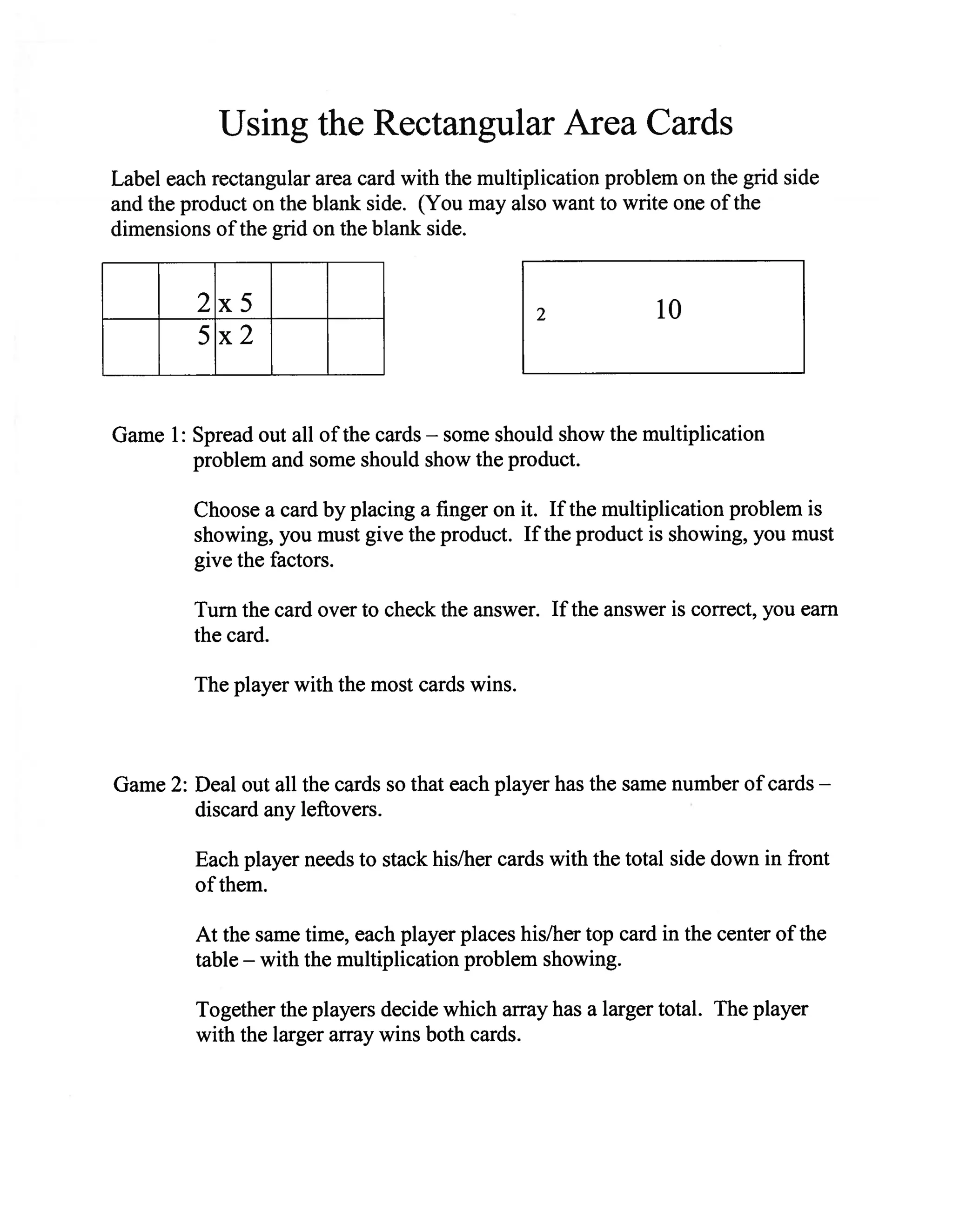 Using the rectangular area cards