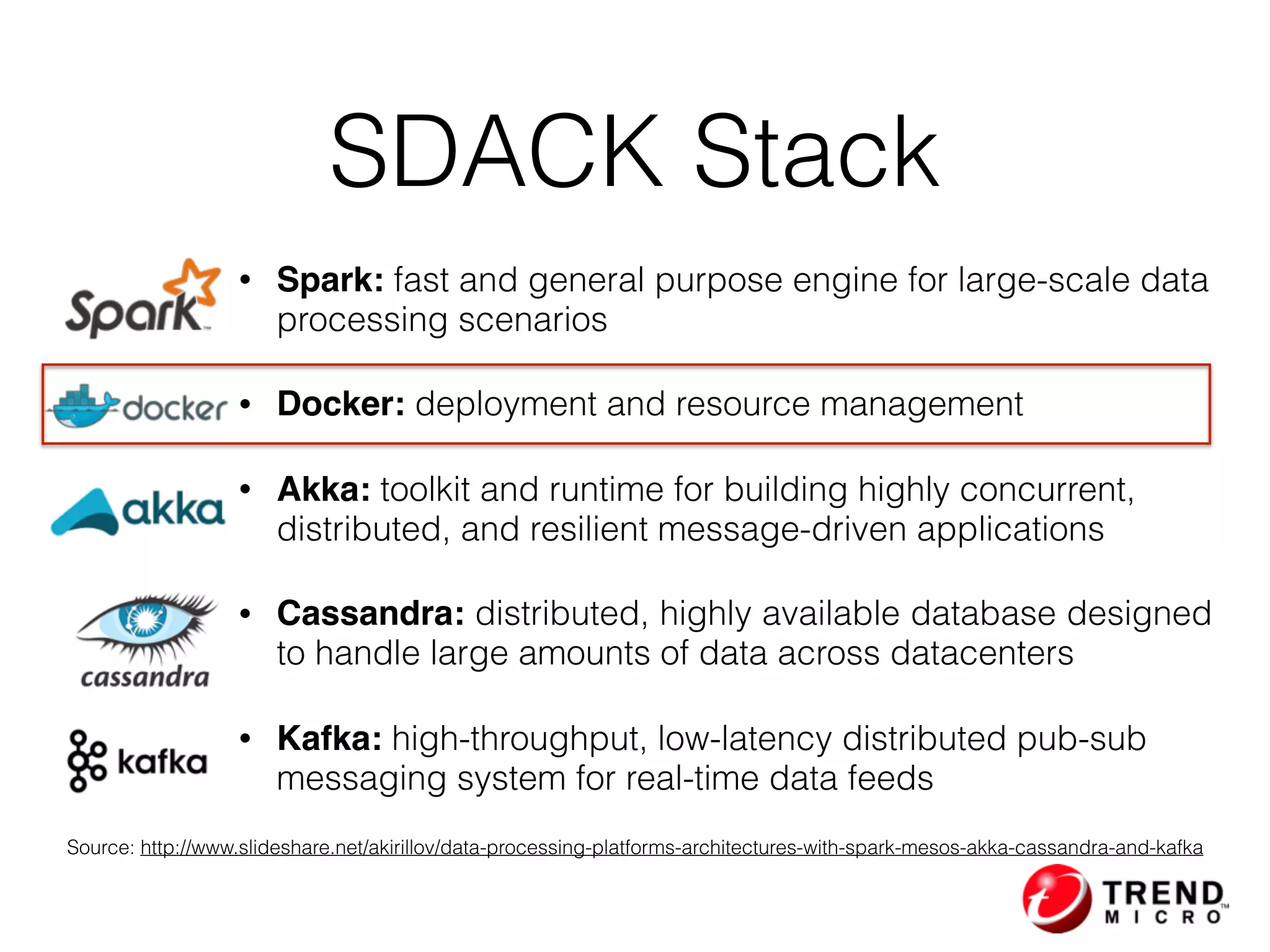 SDACK Stack
• Spark: fast and general purpose engine for large-scale data
processing scenarios
• Docker: deployment and resource management
• Akka: toolkit and runtime for building highly concurrent,
distributed, and resilient message-driven applications
• Cassandra: distributed, highly available database designed
to handle large amounts of data across datacenters
• Kafka: high-throughput, low-latency distributed pub-sub
messaging system for real-time data feeds
Source: http://www.slideshare.net/akirillov/data-processing-platforms-architectures-with-spark-mesos-akka-cassandra-and-kafka
 