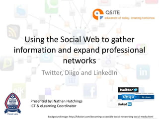 Using the Social Web to gather
information and expand professional
              networks
          Twitter, Diigo and LinkedIn


    Presented by: Nathan Hutchings
    ICT & eLearning Coordinator

              Background image: http://kikolani.com/becoming-accessible-social-networking-social-media.html
 