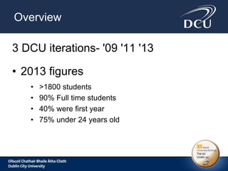 Overview
3 DCU iterations- '09 '11 '13
• 2013 figures
• >1800 students
• 90% Full time students
• 40% were first year
• 75...