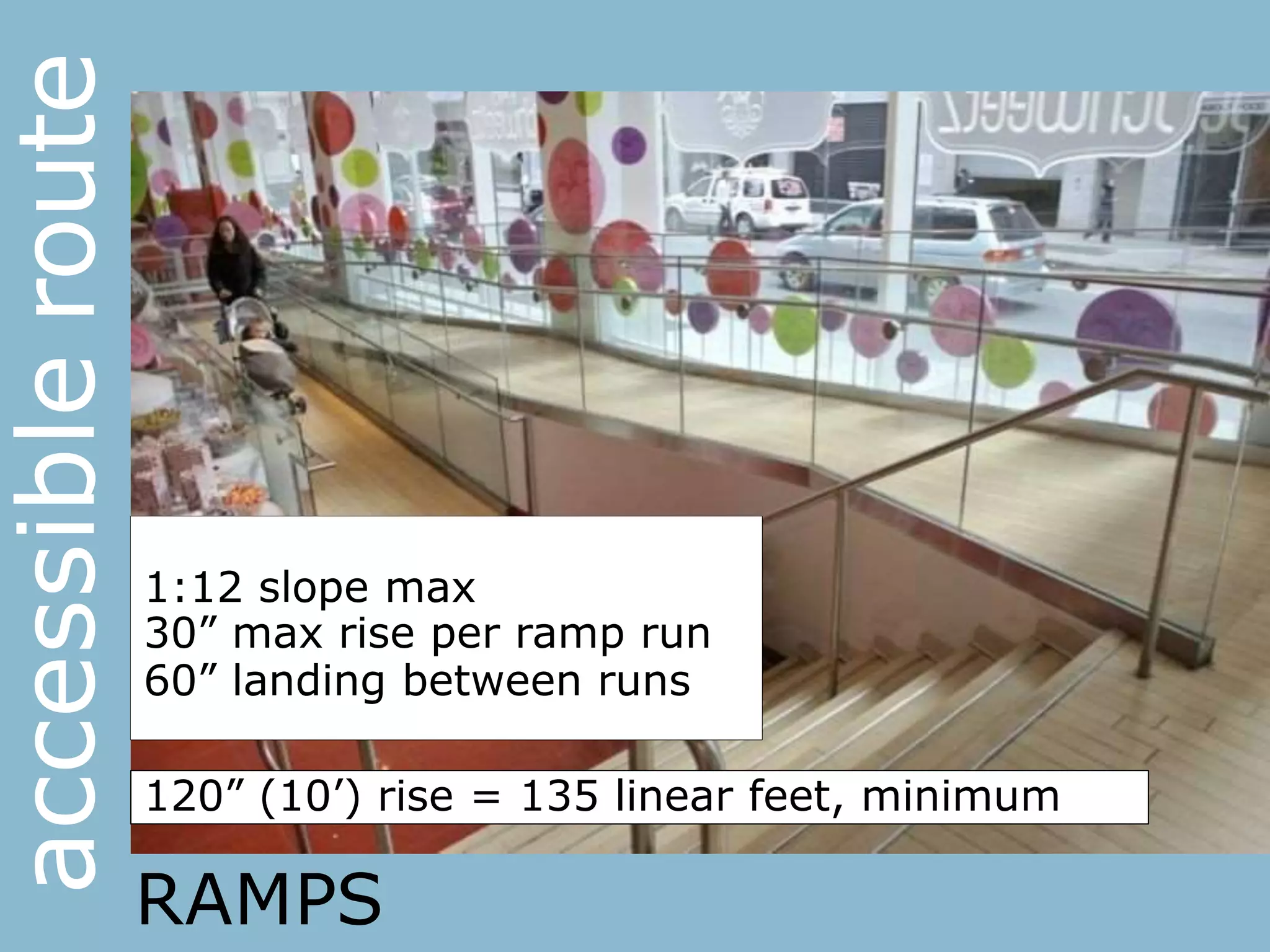 1:12 slope max
30” max rise per ramp run
60” landing between runs
120” (10’) rise = 135 linear feet, minimum
RAMPS
accessibleroute
 