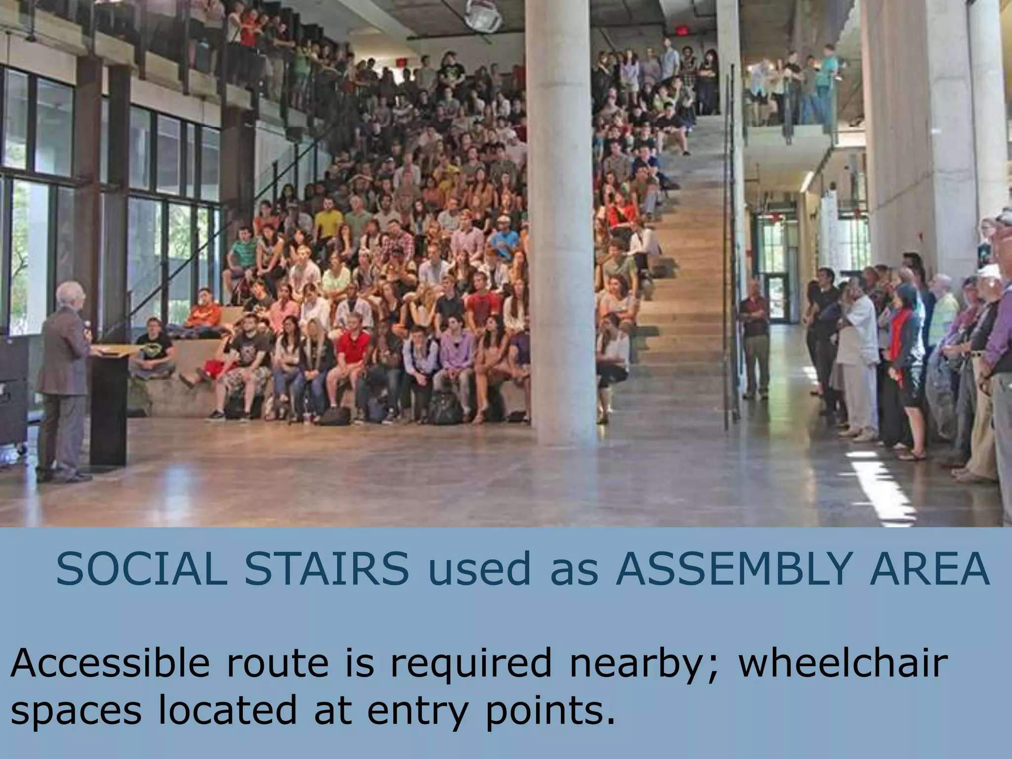 SOCIAL STAIRS used as ASSEMBLY AREA
Accessible route is required nearby; wheelchair
spaces located at entry points.
 