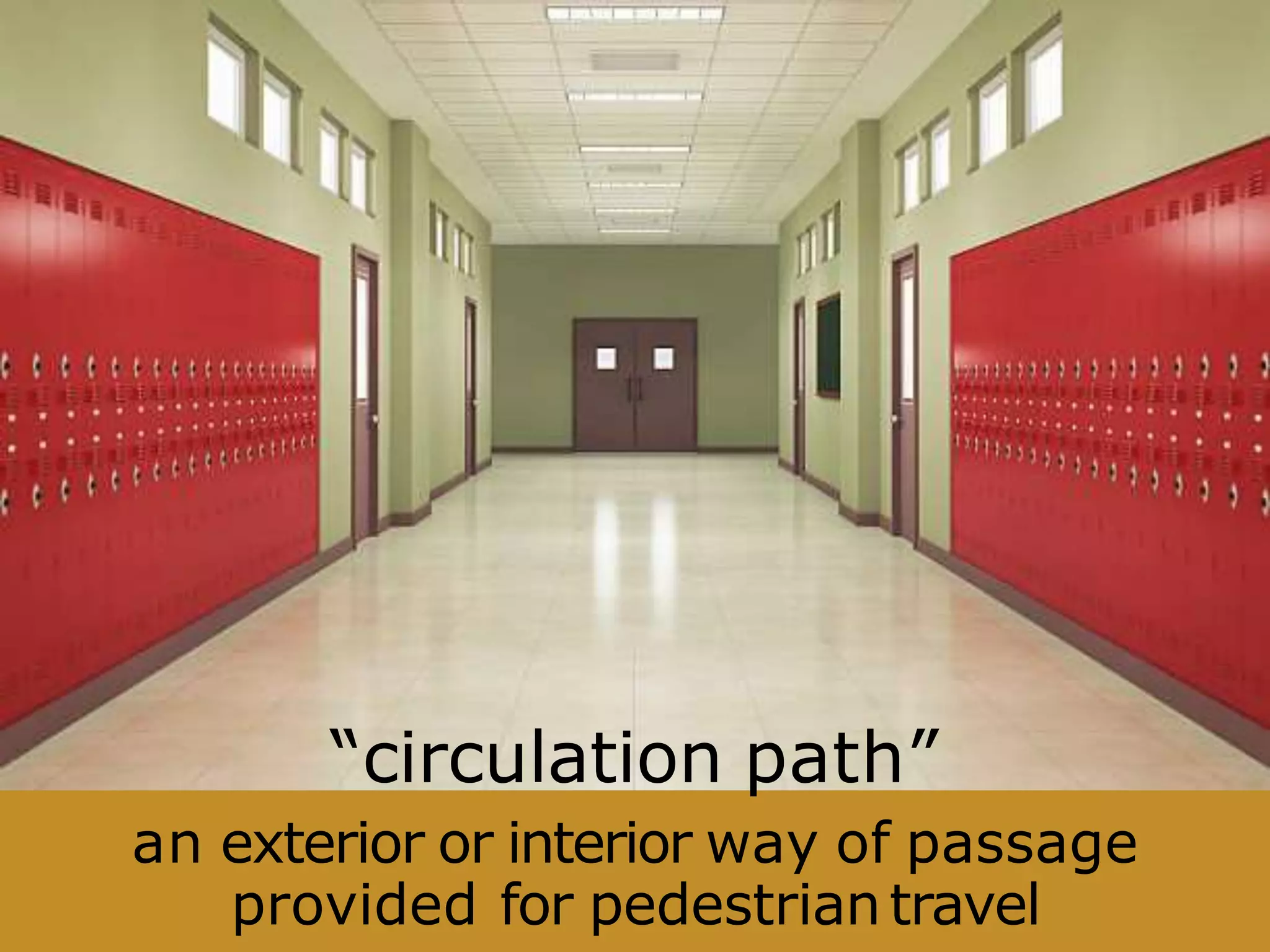 “circulation path”
an exterior or interior way of passage
provided for pedestriantravel
 