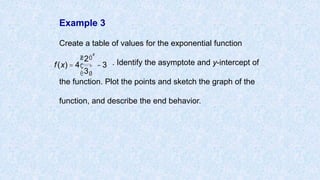 Example 3
Create a table of values for the exponential function
. Identify the asymptote and y-intercept of
the function. Plot the points and sketch the graph of the
function, and describe the end behavior.
f(x) = 4
2
3
æ
è
ç
ö
ø
÷
x
-3
 