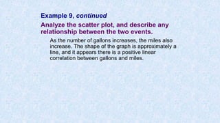 Example 9, continued
Analyze the scatter plot, and describe any
relationship between the two events.
As the number of gallons increases, the miles also
increase. The shape of the graph is approximately a
line, and it appears there is a positive linear
correlation between gallons and miles.
 