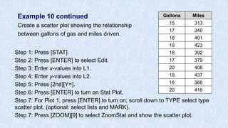Example 10 continued
Create a scatter plot showing the relationship
between gallons of gas and miles driven.
Gallons Miles
15 313
17 340
18 401
19 423
18 392
17 379
20 408
19 437
16 366
20 416
Step 1: Press [STAT].
Step 2: Press [ENTER] to select Edit.
Step 3: Enter x-values into L1.
Step 4: Enter y-values into L2.
Step 5: Press [2nd][Y=].
Step 6: Press [ENTER] to turn on Stat Plot,
Step 7: For Plot 1, press [ENTER] to turn on; scroll down to TYPE select type
scatter plot. (optional: select lists and MARK).
Step 7: Press [ZOOM][9] to select ZoomStat and show the scatter plot.
 