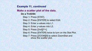 Example 11, continued
Make a scatter plot of the data.
On a TI-83/84:
Step 1: Press [STAT].
Step 2: Press [ENTER] to select Edit.
Step 3: Enter x-values into L1.
Step 4: Enter y-values into L2.
Step 5: Press [2nd][Y=].
Step 6: Press [ENTER] twice to turn on the Stat Plot.
Step 7: Press [ZOOM][9] to select ZoomStat and
show the scatter plot.
 