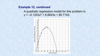 Example 12, continued
A quadratic regression model for this problem is
y = –0.1243x2 + 6.6643x + 60.7143.
 