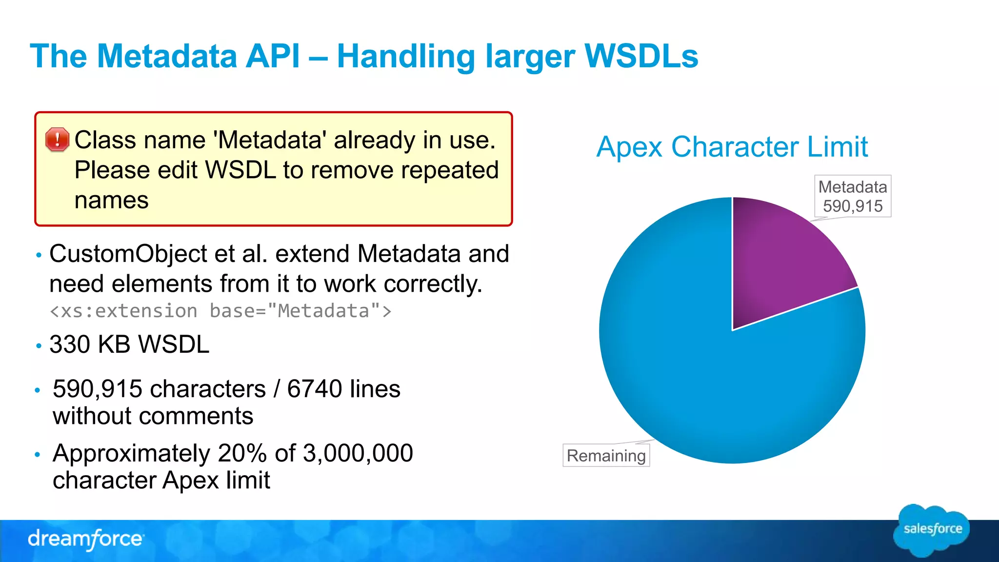 The Metadata API – Handling larger WSDLs Class name 'Metadata' already in use. Please edit WSDL to remove repeated names • CustomObject et al. extend Metadata and need elements from it to work correctly. <xs:extension base="Metadata"> • 330 KB WSDL Apex Character Limit Metadata 590,915 Remaining • 590,915 characters / 6740 lines without comments • Approximately 20% of 3,000,000 character Apex limit 