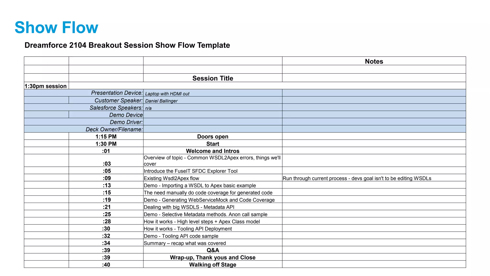 Show Flow Dreamforce 2104 Breakout Session Show Flow Template Notes Session Title 1:30pm session Presentation Device: Laptop with HDMI out Customer Speaker: Daniel Ballinger Salesforce Speakers: n/a Demo Device Demo Driver: Deck Owner/Filename: 1:15 PM Doors open 1:30 PM Start :01 Welcome and Intros :03 Overview of topic - Common WSDL2Apex errors, things we'll cover :05 Introduce the FuseIT SFDC Explorer Tool :09 Existing Wsdl2Apex flow Run through current process - devs goal isn't to be editing WSDLs :13 Demo - Importing a WSDL to Apex basic example :15 The need manually do code coverage for generated code :19 Demo - Generating WebServiceMock and Code Coverage :21 Dealing with big WSDLS - Metadata API :25 Demo - Selective Metadata methods. Anon call sample :28 How it works - High level steps + Apex Class model :30 How it works - Tooling API Deployment :32 Demo - Tooling API code sample :34 Summary – recap what was covered :39 Q&A :39 Wrap-up, Thank yous and Close :40 Walking off Stage 