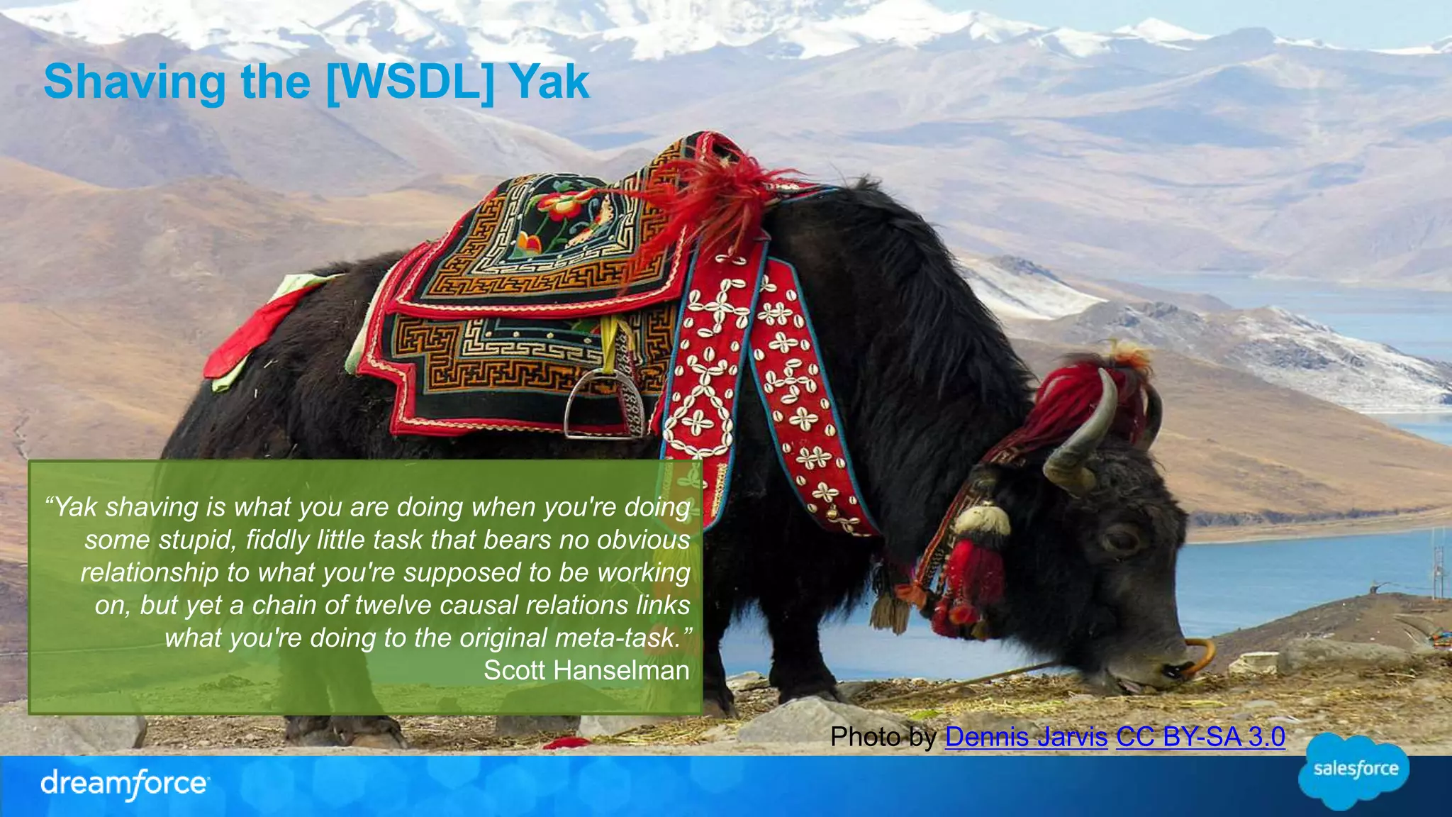 Shaving the [WSDL] Yak “Yak shaving is what you are doing when you're doing some stupid, fiddly little task that bears no obvious relationship to what you're supposed to be working on, but yet a chain of twelve causal relations links what you're doing to the original meta-task.” Scott Hanselman Photo by Dennis Jarvis CC BY-SA 3.0 