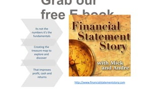 Grab our free E book
Its not the
numbers it’s the
fundamentals

Creating the
treasure map to
explore and
discover

That Improves
profit, cash and
returns
http://www.financialstatementstory.com

 